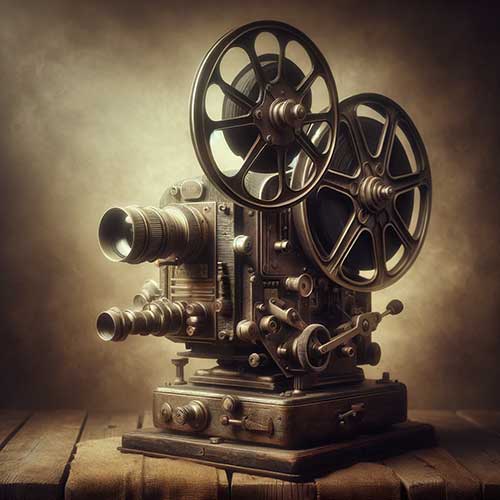 Vintage sepia-toned image of an old-fashioned film projector
