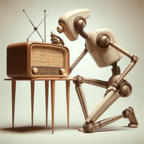 A robot kneeling down to listen to a midcentury radio